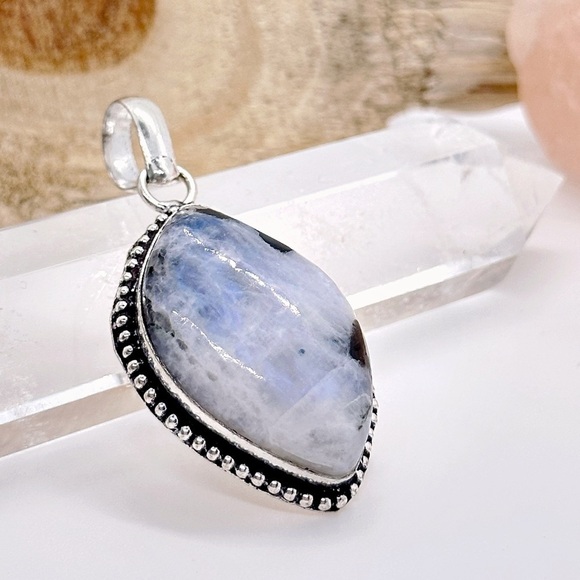 FLASHY Rainbow Moonstone & Black Tourmaline Sterling Silver Gemstone Pendant - Picture 3 of 6